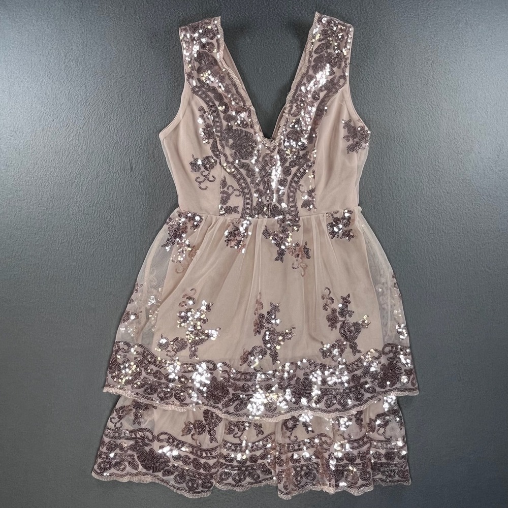 Altar'd State Women Dress Sequin Mesh XS Boho Glam Rose Gold Tiered Mini